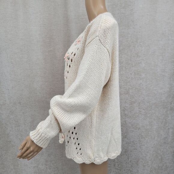 Vintage Hand Knit Cream with Pastel Floral Women's Cardigan Sweater Pointelle - Picture 7 of 13